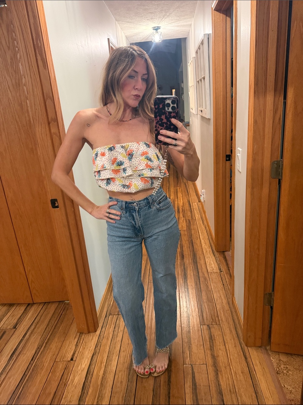 ❤️4 for $25 Poetry White Strapless Ruffled Crop Top with Multicolor Floral Print